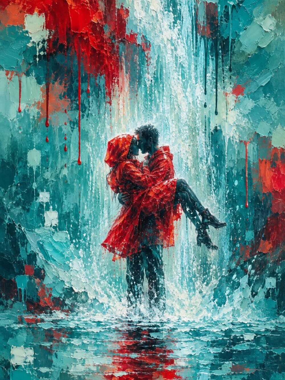 Crimson & Teal Romantic Waterfall Wall Art Print 24x36
